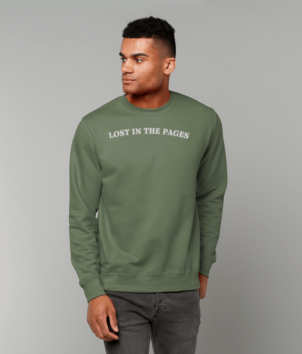 “Lost in the Pages” Embroidered Sweatshirt – Bookish Apparel for Readers  4 Colours & Forearm Phrases