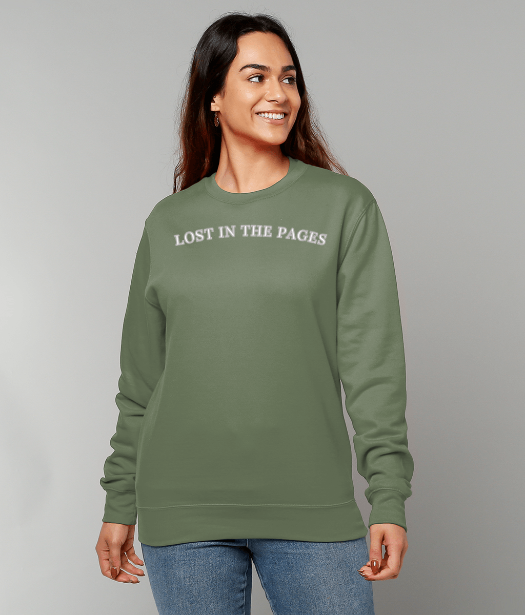 “Lost in the Pages” Embroidered Sweatshirt – Bookish Apparel for Readers  4 Colours & Forearm Phrases