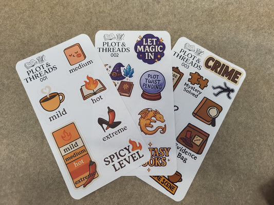 Plots & Threads Trope Sticker Sheet – Genre-Themed Bookish Stickers for Journals & Gifts Includes keywords like “trope sticker sheet,” “bookish stickers,” “genre-themed,” “journals,” and “literary gifts.”