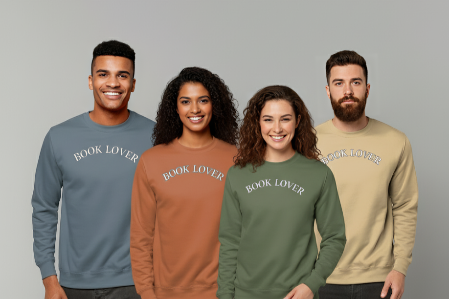 “Book Lover” Sweatshirt – Cosy Literary Apparel for Readers  4 Moody Colours & Embroidered Icon