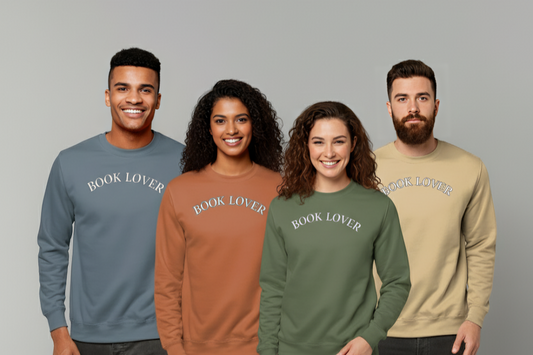 “Book Lover” Sweatshirt – Cosy Literary Apparel for Readers  4 Moody Colours & Embroidered Icon